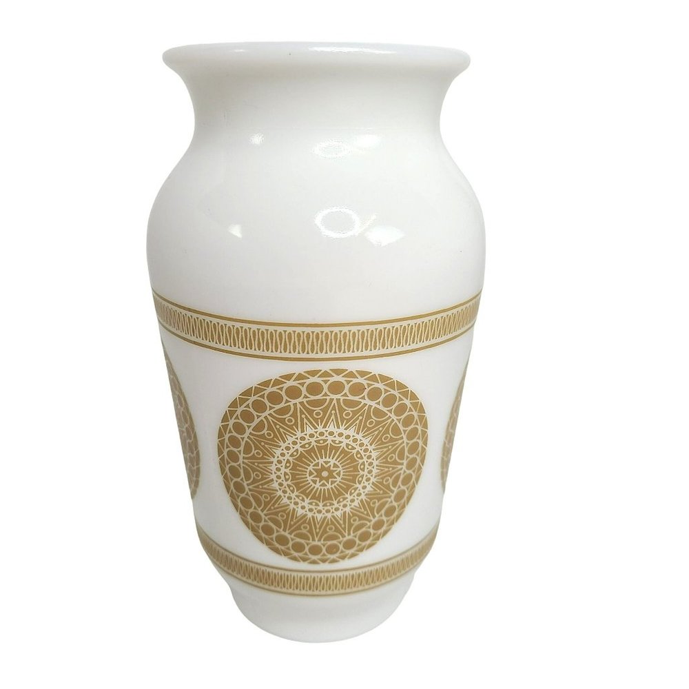 Vintage MCM Milk Glass Mandala Medallion Pattern Vase 7" White w Brown Pattern
